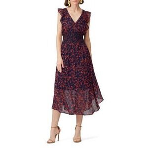 Slate & Willow Navy Smocked Waist Red Orange Printed Florals Dress Size XS